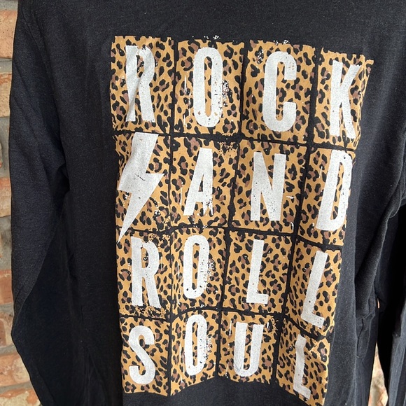 Rock and roll soul graphic design block leopard print long sleeve black t-shirt - Picture 2 of 5